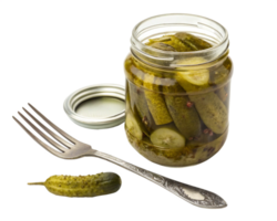 Pickled Cucumbers in Jar, Fork, Brine, Dill Pickles, Silverware png
