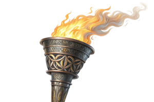 Ornate Bronze Torch, Flaming Ember, Illuminated Path, Ancient Artifact, Mythological Symbol, Heroic png