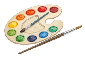 Artists Wooden Palette with Paintbrush and Colorful Watercolor Paints png