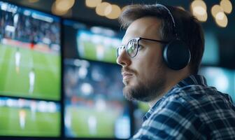 A man wearing headphones monitors multiple sports screens. photo