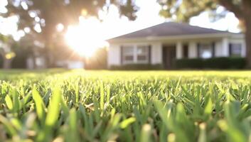 A sunlit lawn in front of a house, showcasing greenery and tranquility. photo