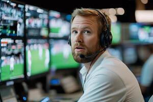 A focused technician monitors multiple screens in a control room. photo