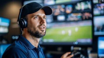 Man wearing headphones, focused on gaming with multiple screens behind. photo