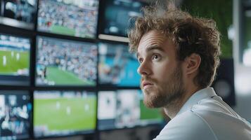 A focused individual monitors multiple soccer games on screens. photo