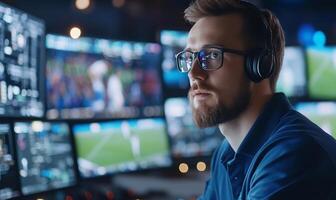 A focused individual monitors multiple screens in a tech environment. photo