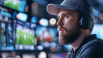 A focused individual monitors sports events on multiple screens. photo
