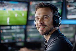 A man in a headset smiles while monitoring screens in a gaming setup. photo