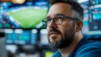 A focused man observes sports data on multiple screens in an office. photo