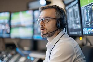 Man in headset monitors multiple screens in a control room. photo