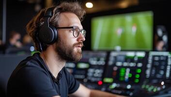 A focused individual operates a control panel in a broadcasting studio. photo