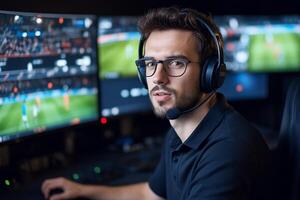 A focused gamer in a headset monitors multiple screens during gameplay. photo
