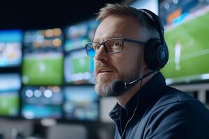 A focused individual in a headset monitors multiple screens in a control room. photo