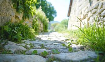 A tranquil cobblestone path surrounded by greenery on a sunny day. photo