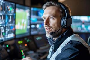 A man in a headset monitors multiple screens in a control room. photo