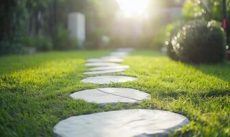 A serene garden pathway lined with stone slabs on lush green grass. photo
