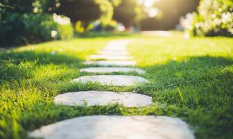 A serene garden path lined with stones amidst lush green grass. photo