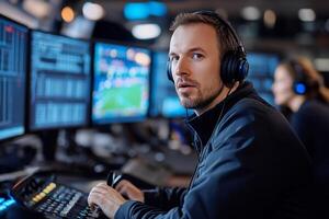 A focused individual working in a tech-driven control room. photo