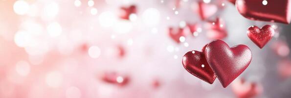 A festive background of floating red hearts with a soft bokeh effect. photo