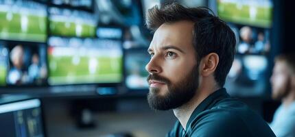 A focused individual monitors multiple screens in a sports analysis setting. photo