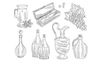 Wine Set, Hand Drawn Wine Objects, Various Bottles, Wineglass, Grapes Illustration vector