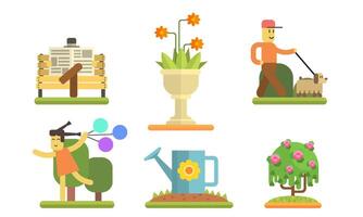 Park and Garden Elements Set, Man Walking with Dog, Girl Running with Colorful Balloons, Man Sitting on Bench and Reading Newspaper Illustration vector