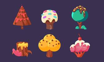 Cute Sweet Candy Trees and Plants Set, Colorful Fantasy Elements for Mobile or Game User Interface Assets Illustration vector