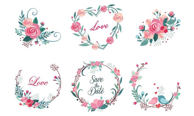 Floral Frame Collection, Wedding Invitation, Save the Date Card Design Elemets, Wreath with Blooming Flowers and Love Birds Illustration