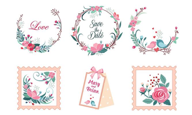 Floral Frame Collection, Wedding Invitation, Save the Date Card, Wreath with Blooming Flowers and Love Birds Illustration
