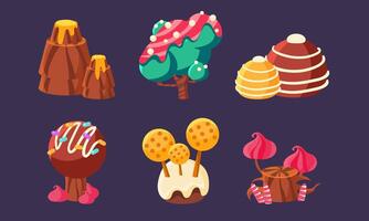 Cute Sweet Candy Trees, Mountain, Mushrooms Set, Fantasy Landscape Elements for Mobile or Game User Interface Assets Illustration vector
