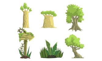 Jungle Landscape Elements Set, Trees, Palms and Plants, User Interface Assets for Mobile App or Game Illustration vector