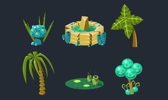 Fantasy Landscape Elements Set, Cute Fantastic Trees and Plants, User Interface Assets for Mobile App or Game Illustration vector