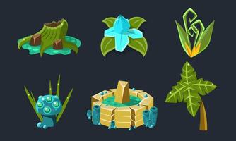 Fantasy Landscape Elements Set, Fantastic Trees and Plants, User Interface Assets for Mobile App or Game Illustration vector