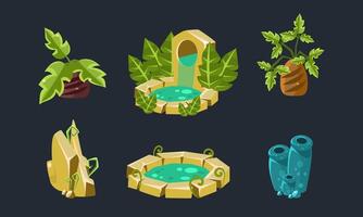 Fantasy Landscape Elements Set, Palm Trees, Waterfall, Pond, User Interface Assets for Mobile App or Game Illustration vector