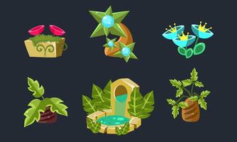 Fantasy Landscape Elements Set, Fantastic Trees, Plants and Flowers, User Interface Assets for Mobile App or Game Illustration vector