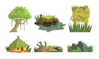 Tropical Jungle Landscape Elements Set, User Interface Assets for Mobile App or Game Illustration vector