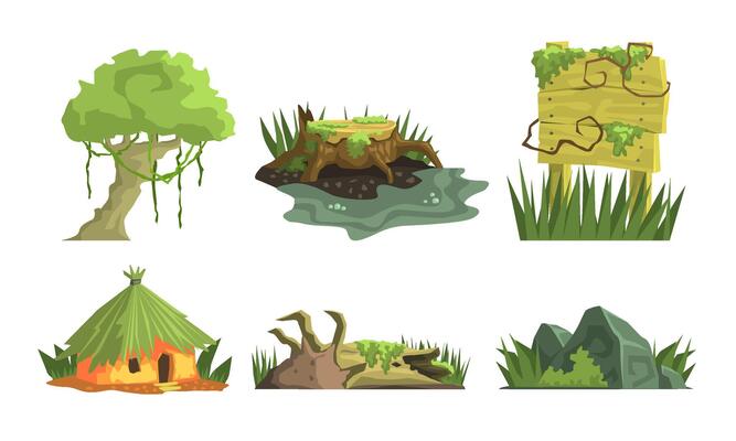 Tropical Jungle Landscape Elements Set, User Interface Assets for Mobile App or Game Illustration