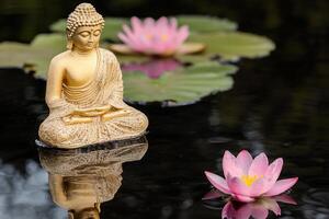 A serene Buddha statue reflects in a pond with pink lotus flowers. photo