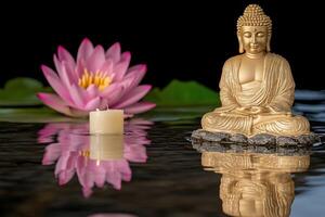 Serene Buddha statue beside a floating lotus and candle reflection. photo
