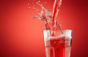A glass filled with a fizzy red drink splashing against a red backdrop. photo