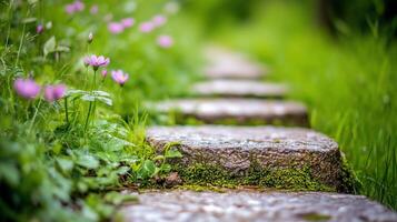 A serene pathway lined with flowers, inviting a peaceful stroll. photo