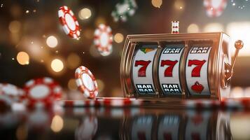 A slot machine with spinning reels and poker chips on a blurred background. photo