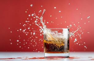 A splash of liquid from a glass on a vibrant red background. photo