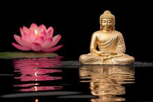 A serene Buddha statue beside a pink lotus flower and candlelight. photo