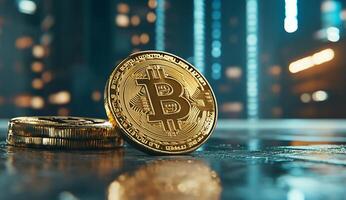 A close-up of gold Bitcoin coins on a reflective surface. photo