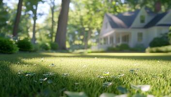 A serene garden scene with a house surrounded by lush greenery. photo