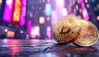 Two Bitcoin coins on a wet surface in a vibrant urban setting. photo