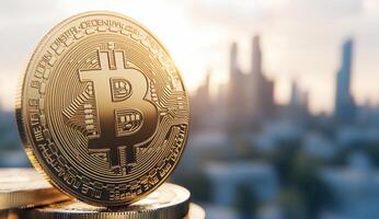 A close-up of a Bitcoin coin with a city skyline in the background. photo