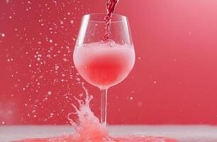 A glass filled with pink liquid, splashing against a vibrant background. photo