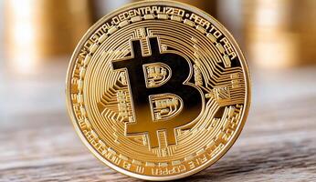 A close-up of a gold Bitcoin symbolizing cryptocurrency investment. photo