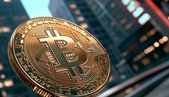 A 3D rendering of a Bitcoin symbol against a city backdrop. photo